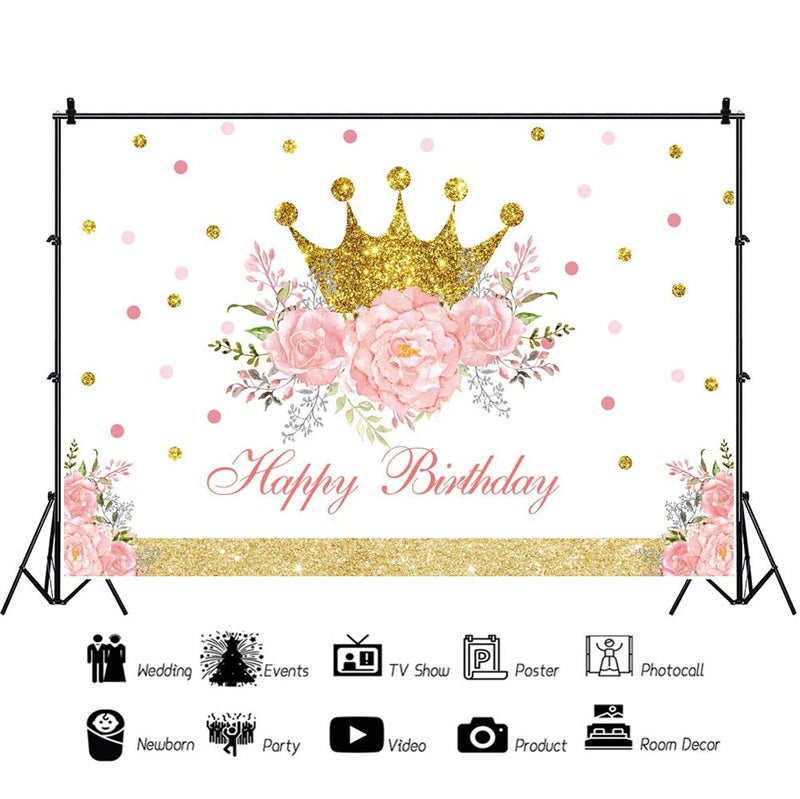 DORCEV Happy Birthday Backdrop for Luxury Princess Girls Birthday Party Background Shiny Glitter Gold Princess Crown Pink Floral Colorful Spot Girls Party Banner Kids Photo Studio Props - Image 2